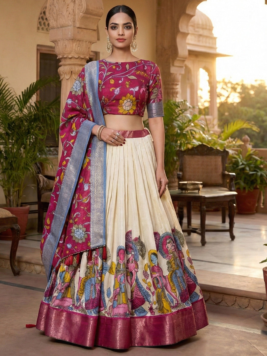 WhiteTusser Silk Floral Print Lehenga Choli