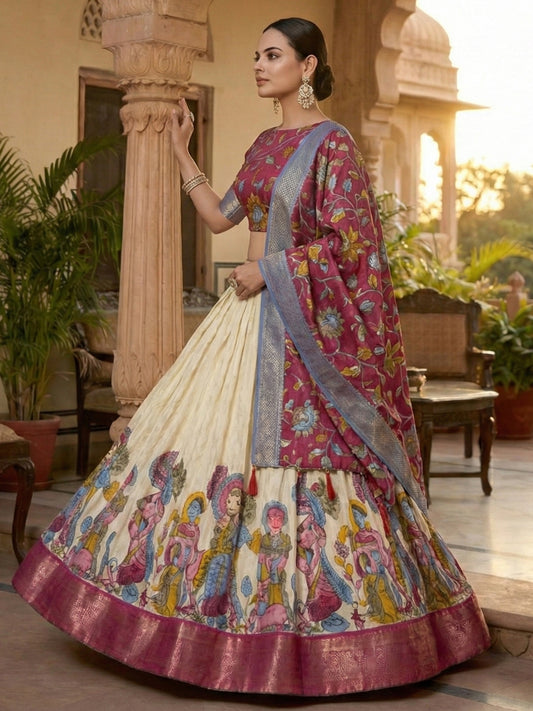 WhiteTusser Silk Floral Print Lehenga Choli
