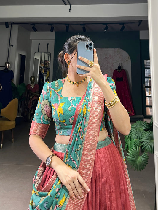 Red Tusser Silk Floral Print Lehenga Choli