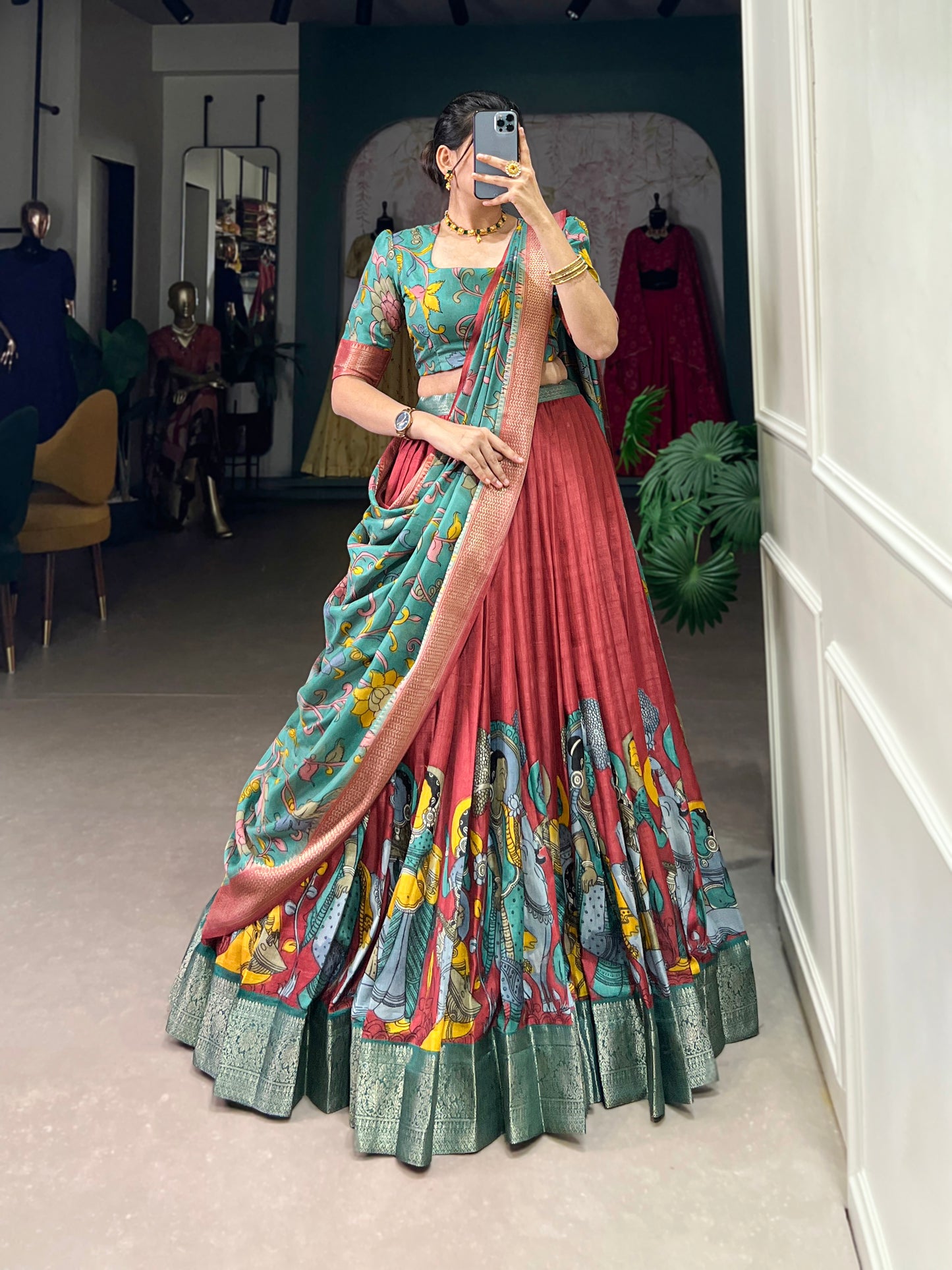Red Tusser Silk Floral Print Lehenga Choli