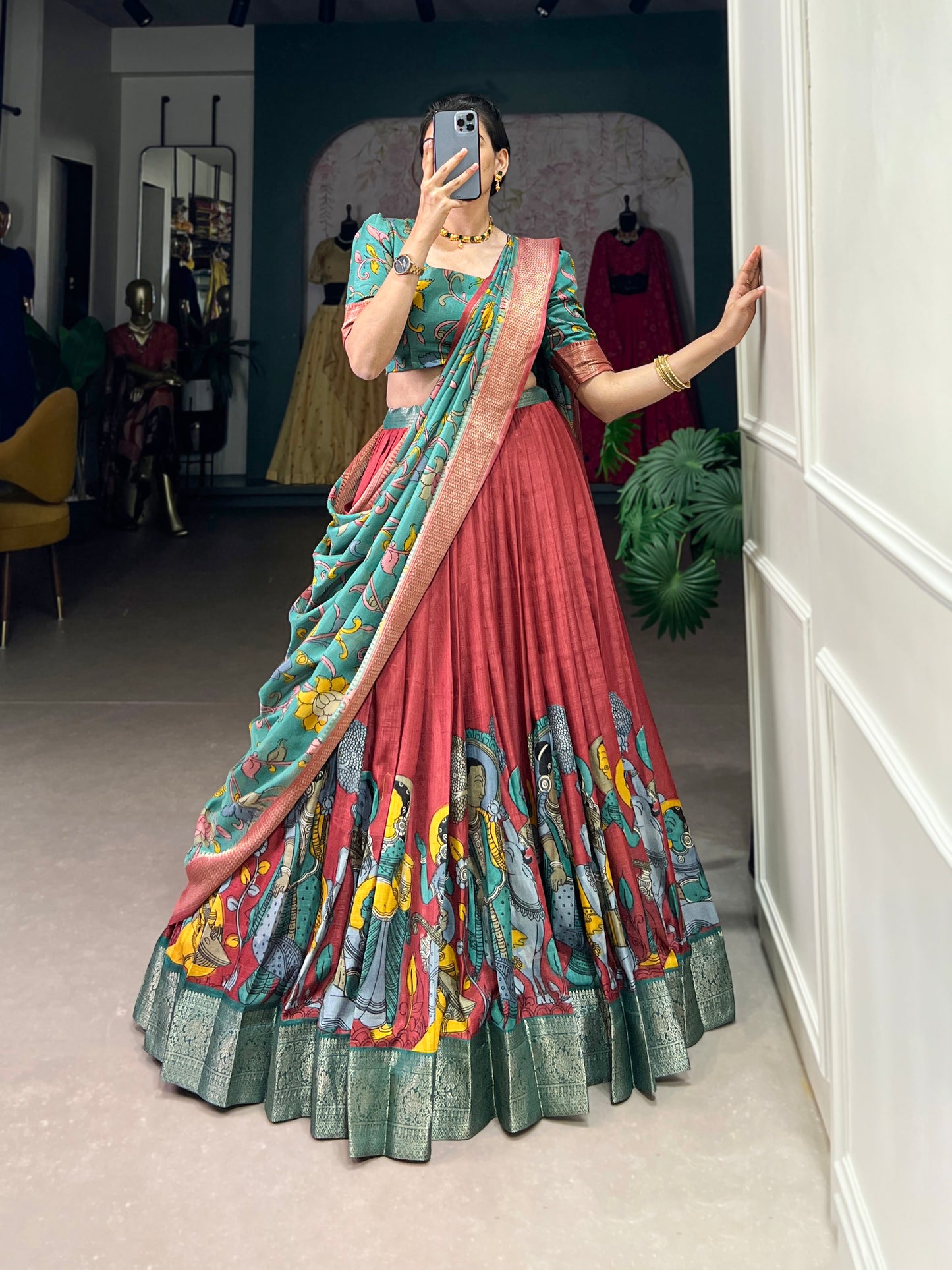 Red Tusser Silk Floral Print Lehenga Choli