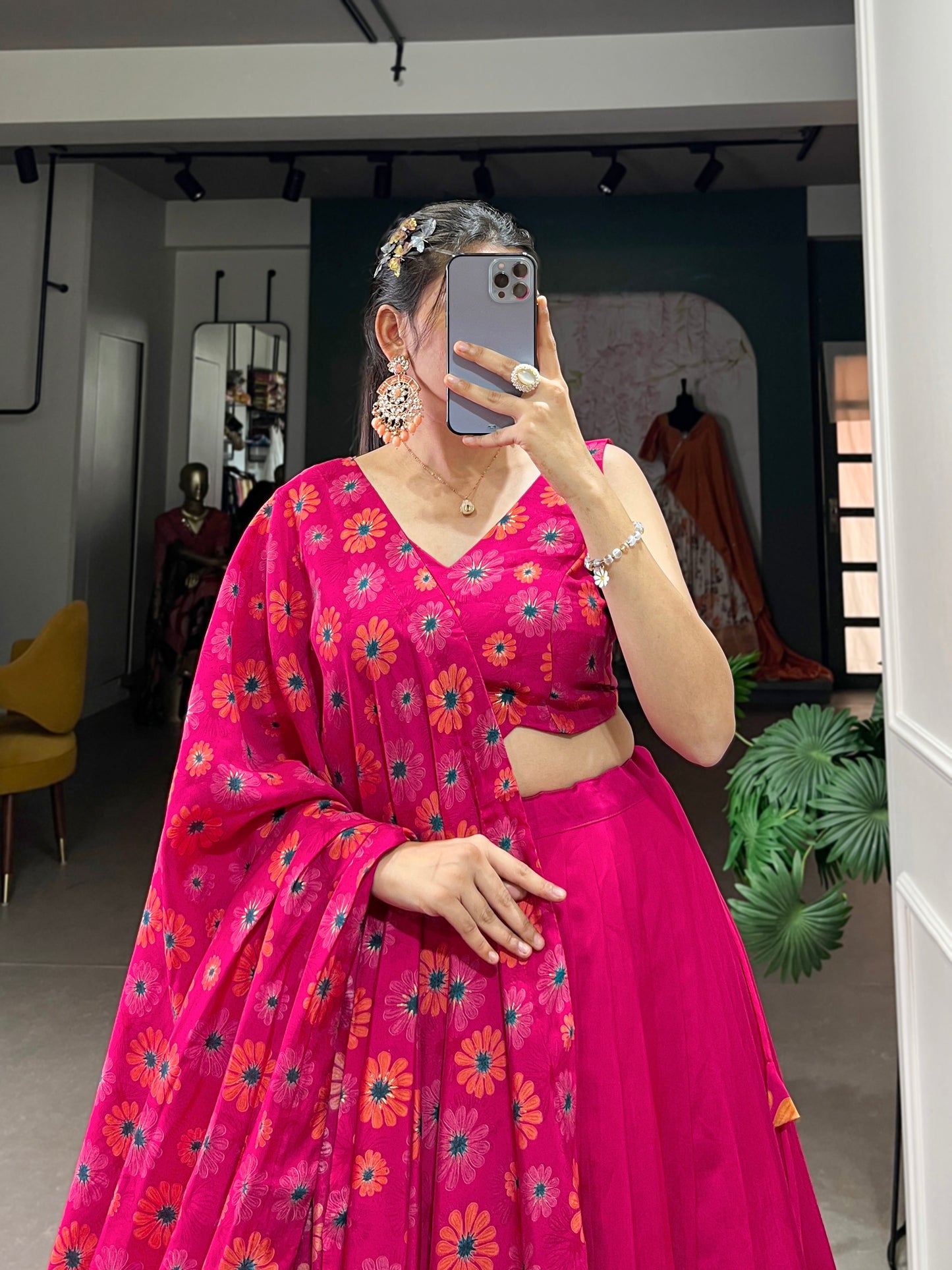 Floral Print Tussar Silk Lehenga Choli with Foil Work & Gotta Patti Dupatta