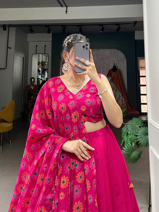 Floral Print Tussar Silk Lehenga Choli with Foil Work & Gotta Patti Dupatta