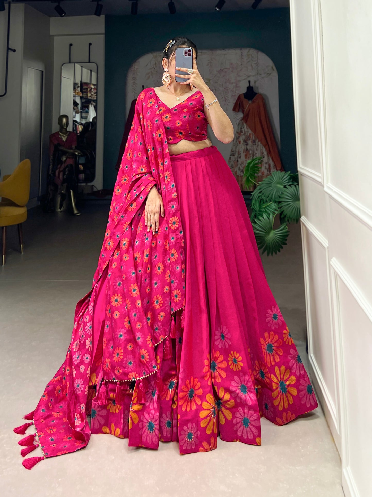 Floral Print Tussar Silk Lehenga Choli with Foil Work & Gotta Patti Dupatta