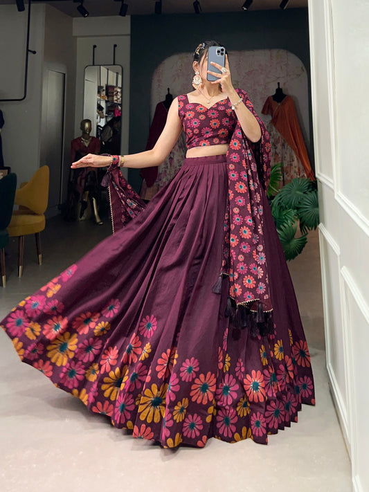 Floral Print Tussar Silk Lehenga Choli with Foil Work & Gotta Patti Dupatta