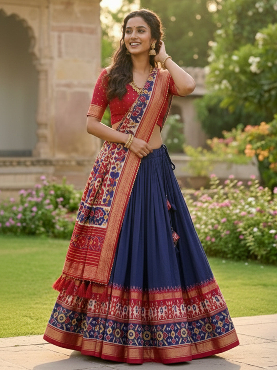 Navy Blue Floral Print Tusser Silk Lehenga Choli