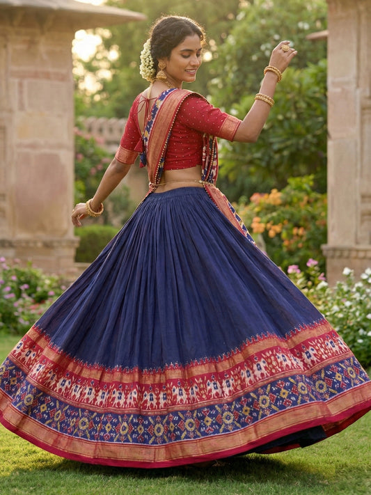 Navy Blue Floral Print Tusser Silk Lehenga Choli