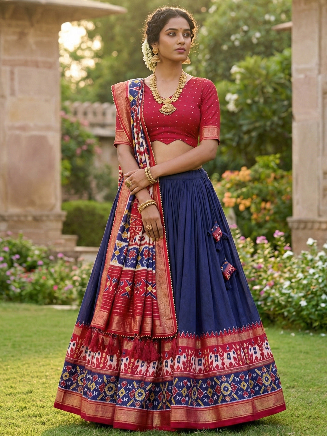 Navy Blue Floral Print Tusser Silk Lehenga Choli