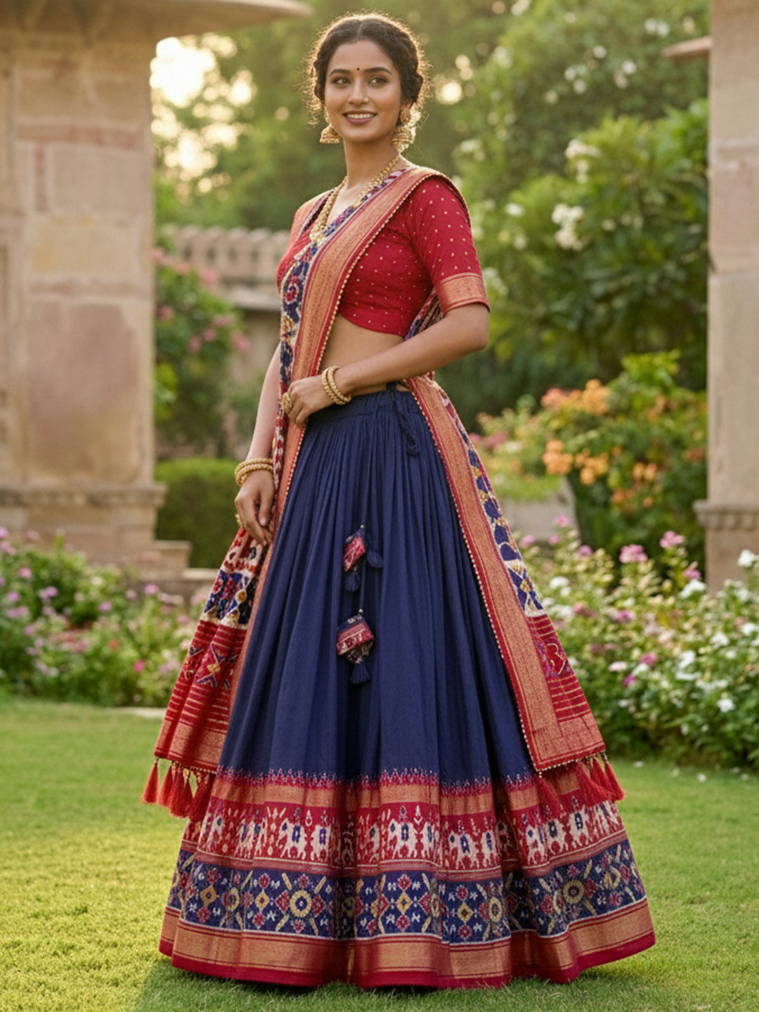 Navy Blue Floral Print Tusser Silk Lehenga Choli