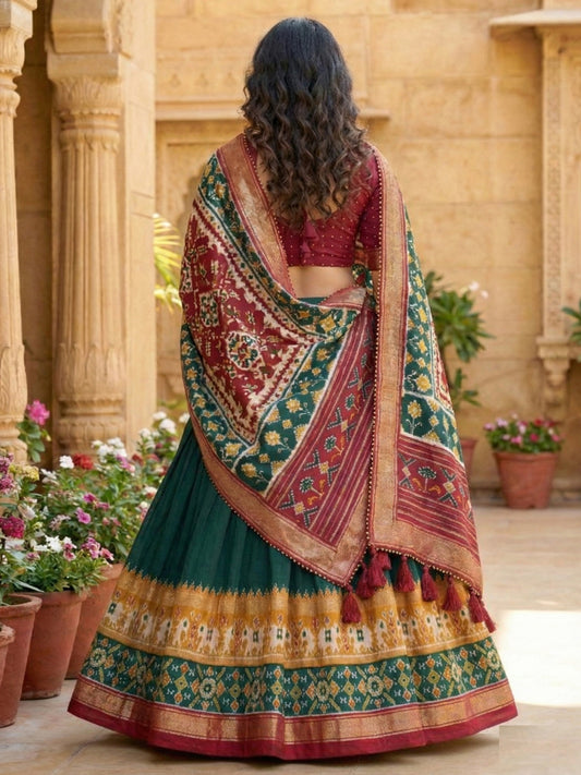 Green Floral Print Tusser Silk Lehenga Choli