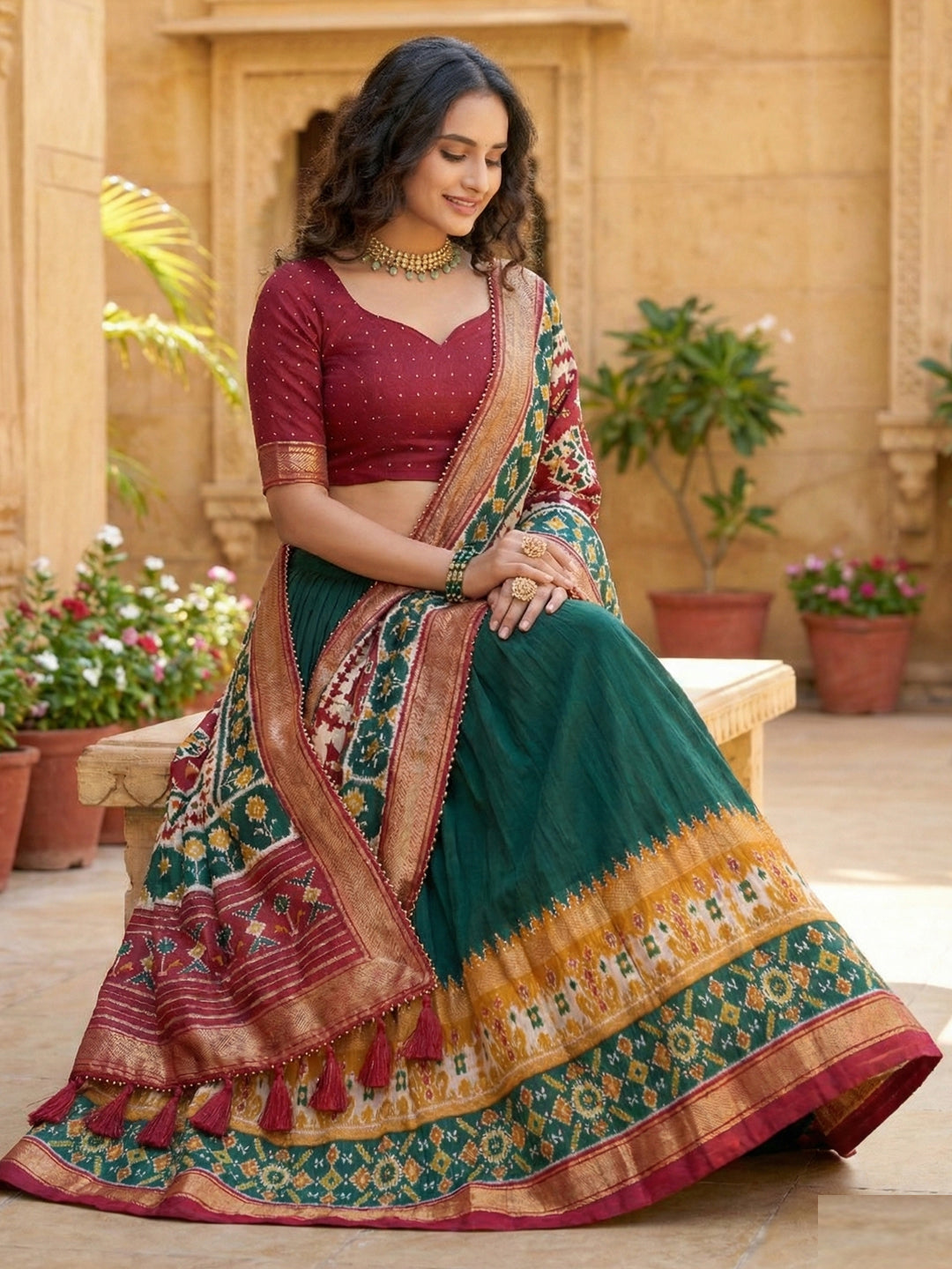 Green Floral Print Tusser Silk Lehenga Choli