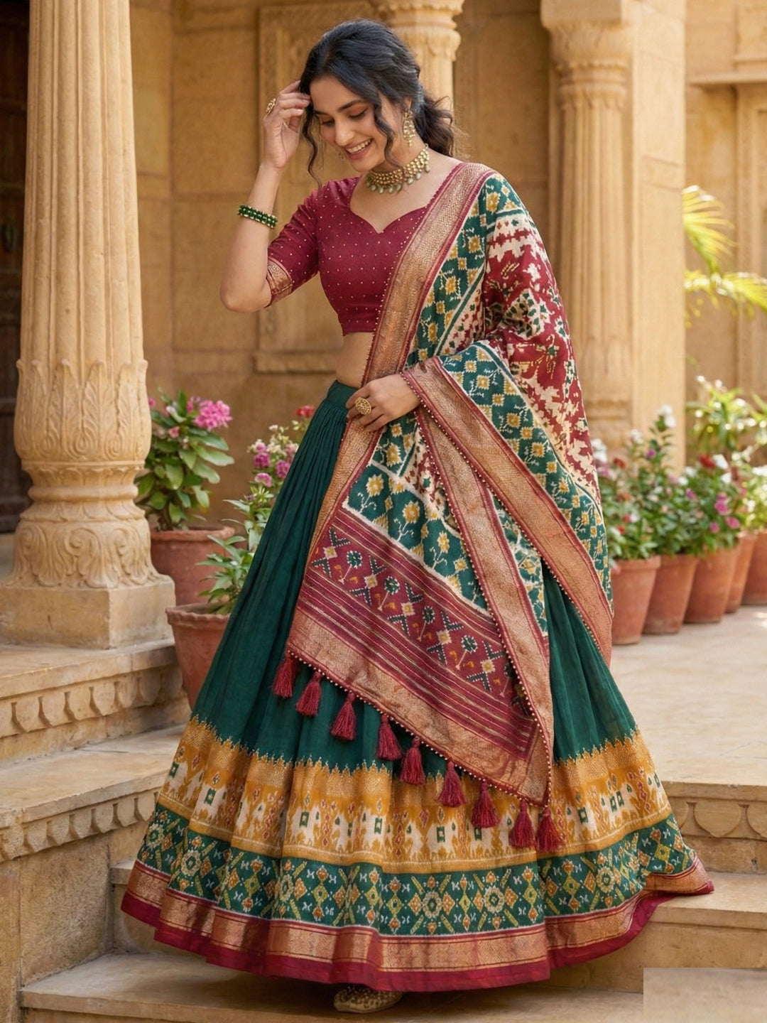 Green Floral Print Tusser Silk Lehenga Choli