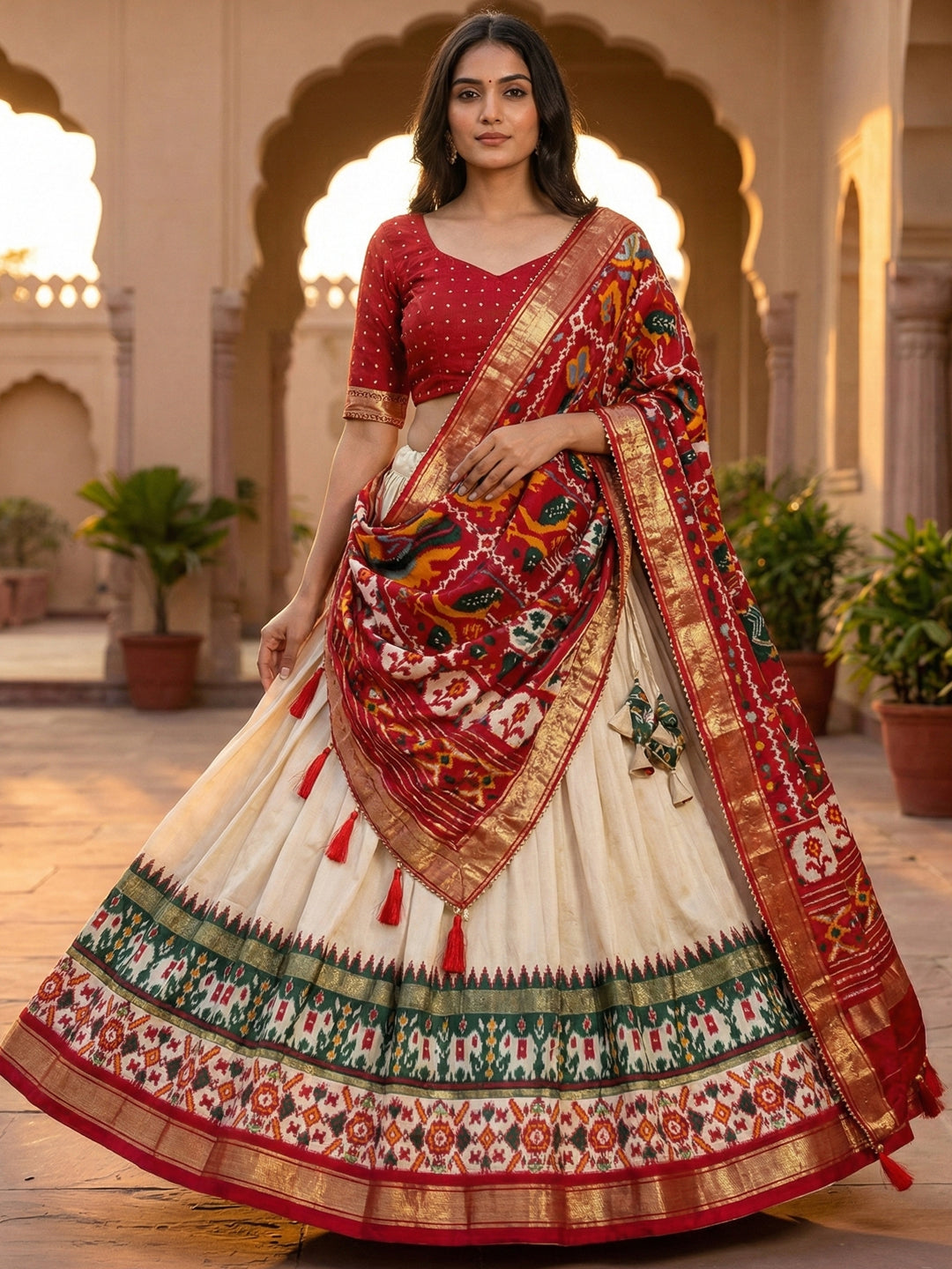 White Floral Print Tusser Silk Lehenga Choli