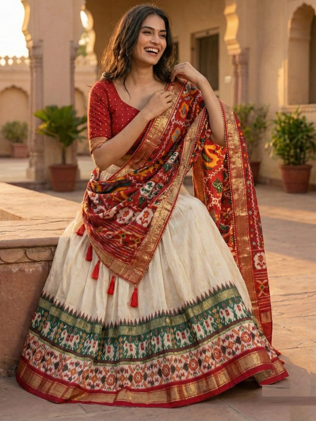 White Floral Print Tusser Silk Lehenga Choli