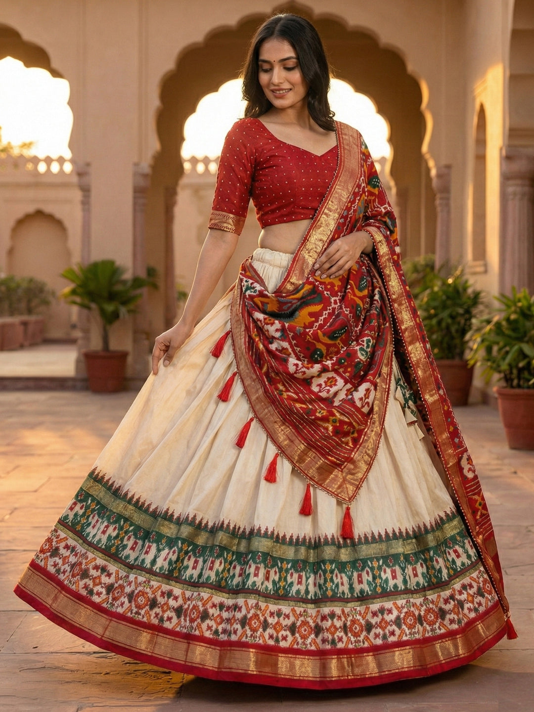 White Floral Print Tusser Silk Lehenga Choli