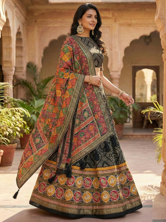 Black Floral Print Tussar Silk Lehenga Choli with Foil Work & Gotta Patti Dupatta