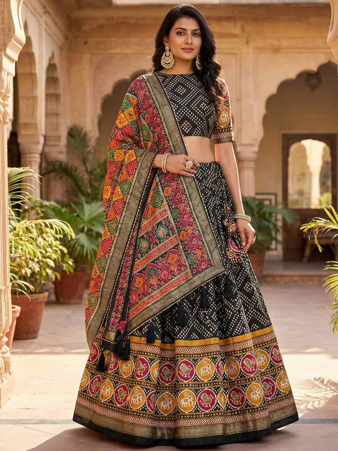 Black Floral Print Tussar Silk Lehenga Choli with Foil Work & Gotta Patti Dupatta