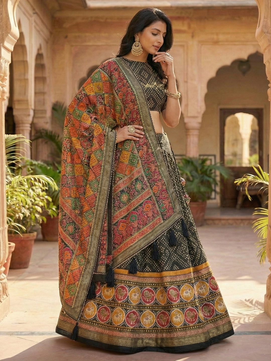 Black Floral Print Tussar Silk Lehenga Choli with Foil Work & Gotta Patti Dupatta