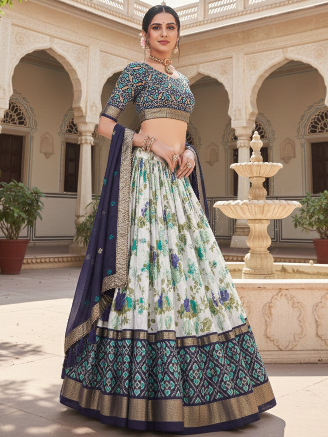 Nav Blue Tusser Silk Floral Print Lehenga Choli Set