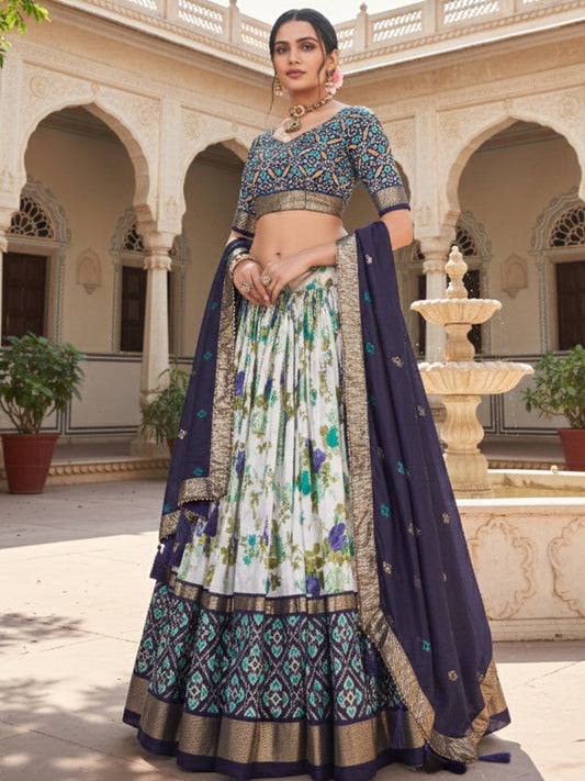 Nav Blue Tusser Silk Floral Print Lehenga Choli Set