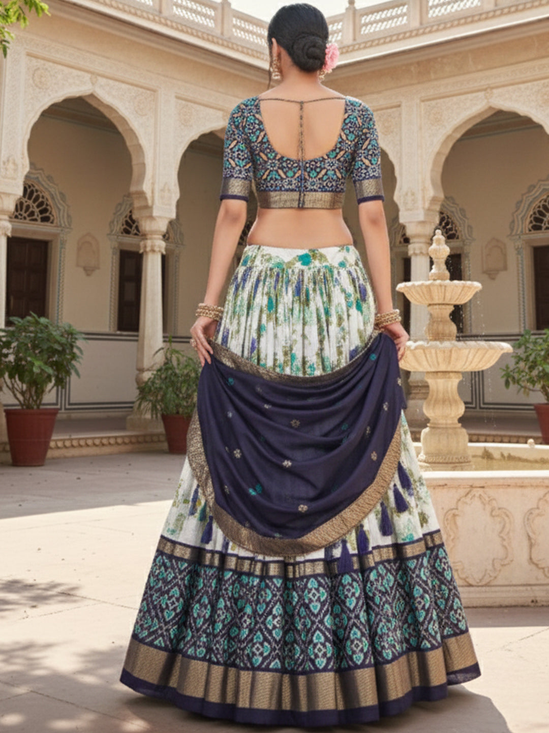 Nav Blue Tusser Silk Floral Print Lehenga Choli Set