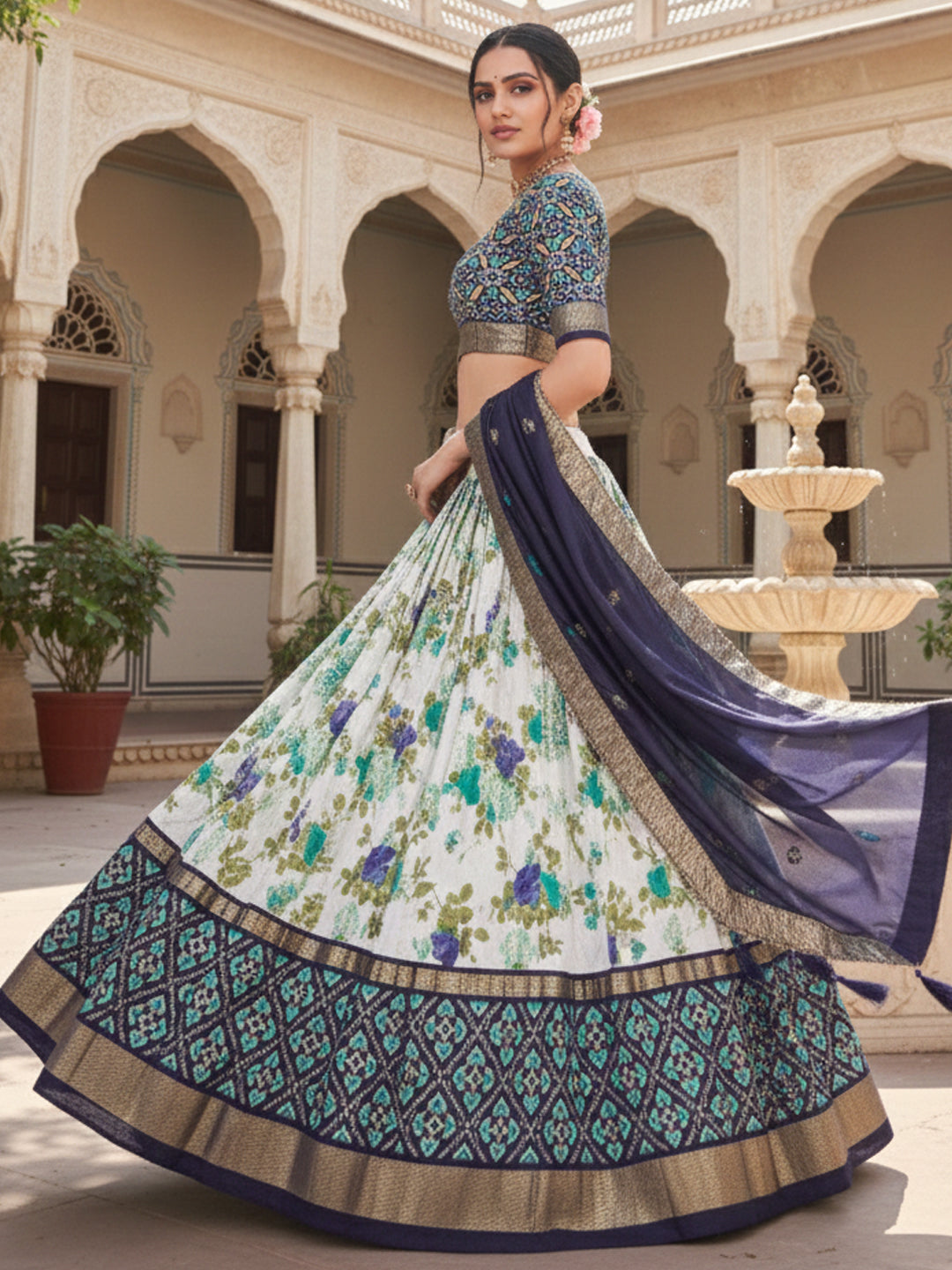 Nav Blue Tusser Silk Floral Print Lehenga Choli Set