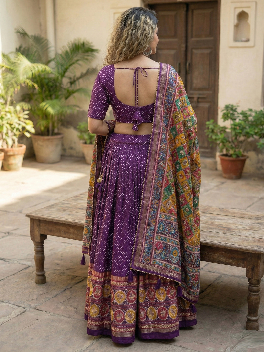 Purple Floral Print Tussar Silk Lehenga Choli with Foil Work & Gotta Patti Dupatta