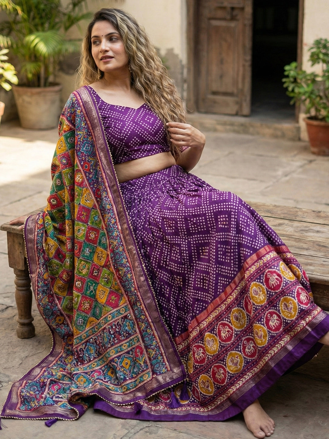Purple Floral Print Tussar Silk Lehenga Choli with Foil Work & Gotta Patti Dupatta