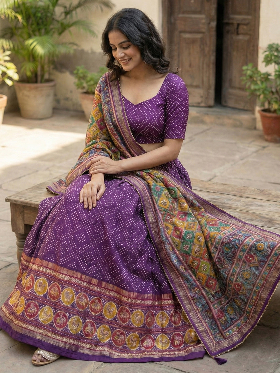 Purple Floral Print Tussar Silk Lehenga Choli with Foil Work & Gotta Patti Dupatta