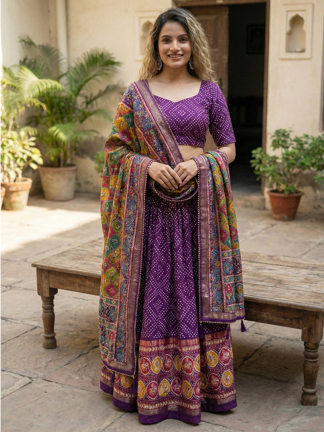 Purple Floral Print Tussar Silk Lehenga Choli with Foil Work & Gotta Patti Dupatta
