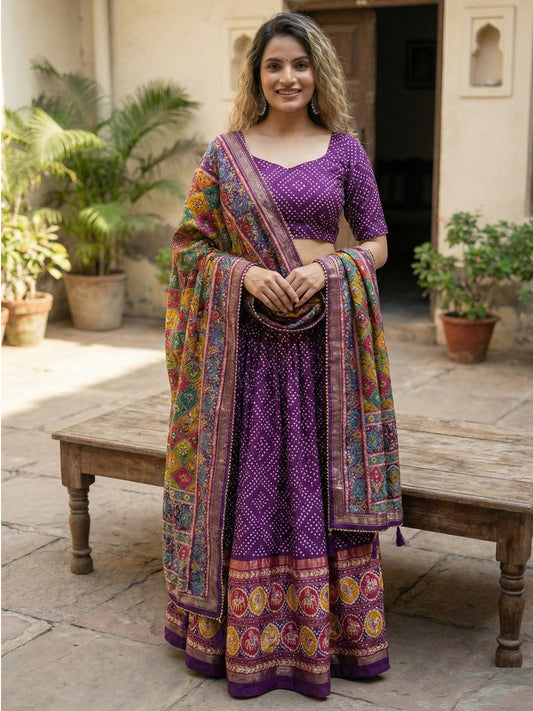 Purple Floral Print Tussar Silk Lehenga Choli with Foil Work & Gotta Patti Dupatta
