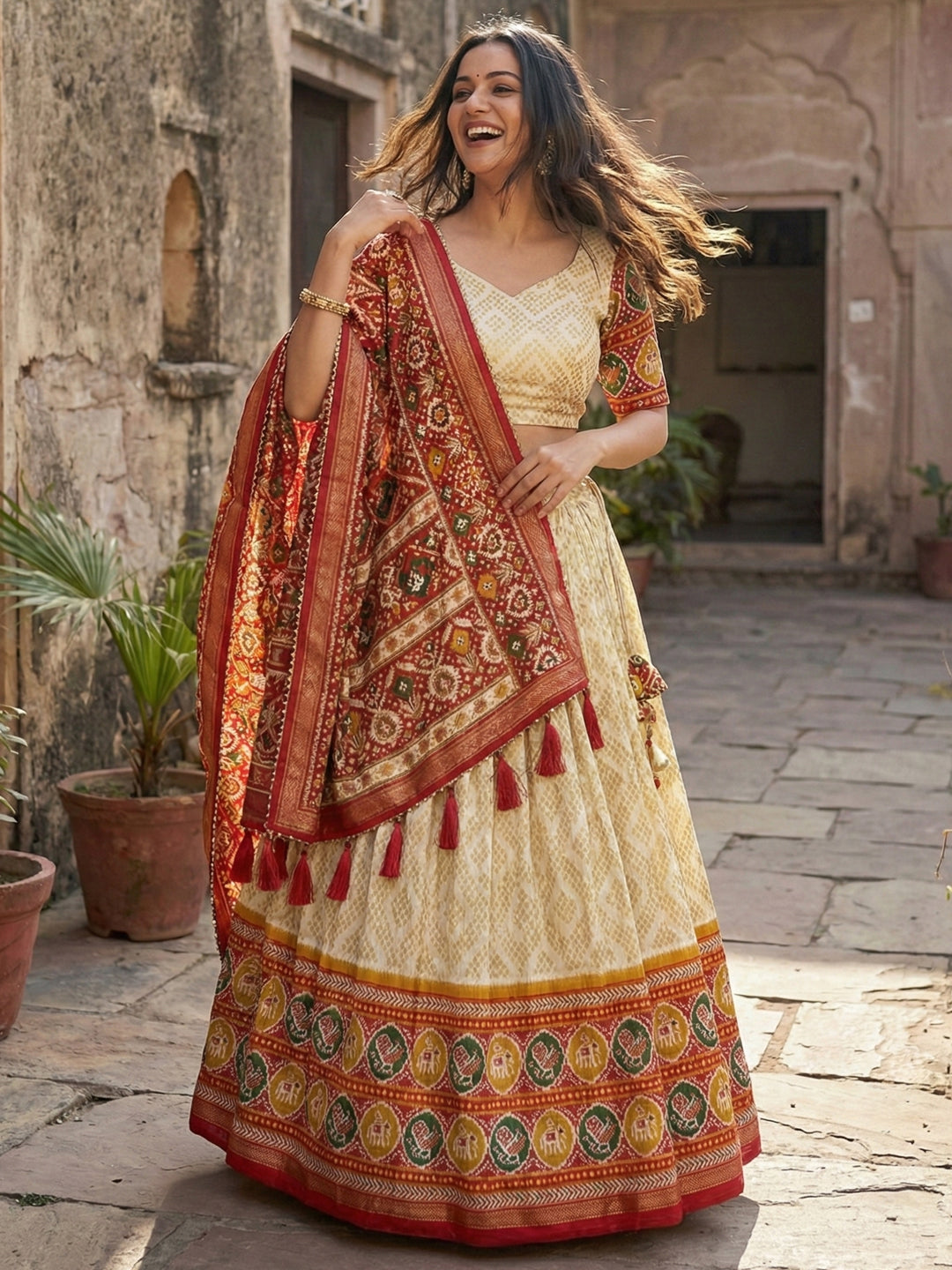 Off White Floral Print Tussar Silk Lehenga Choli with Foil Work & Gotta Patti Dupatta