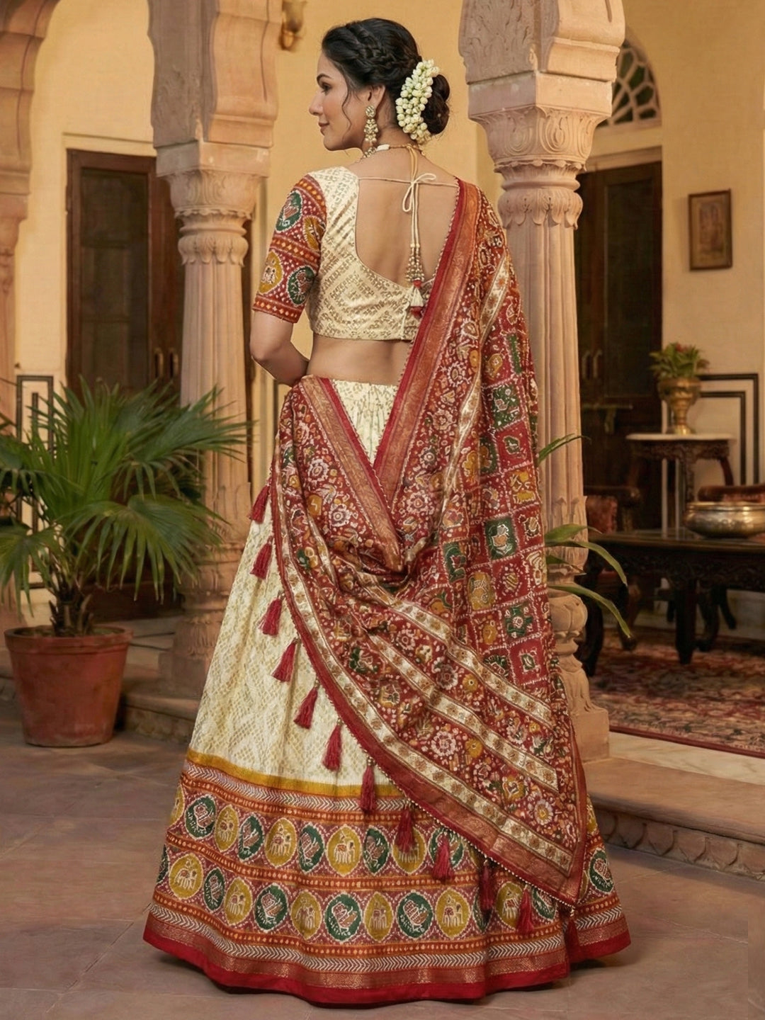 Off White Floral Print Tussar Silk Lehenga Choli with Foil Work & Gotta Patti Dupatta