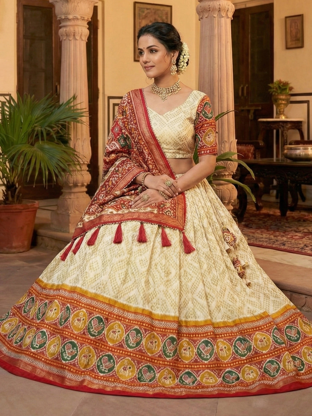 Off White Floral Print Tussar Silk Lehenga Choli with Foil Work & Gotta Patti Dupatta