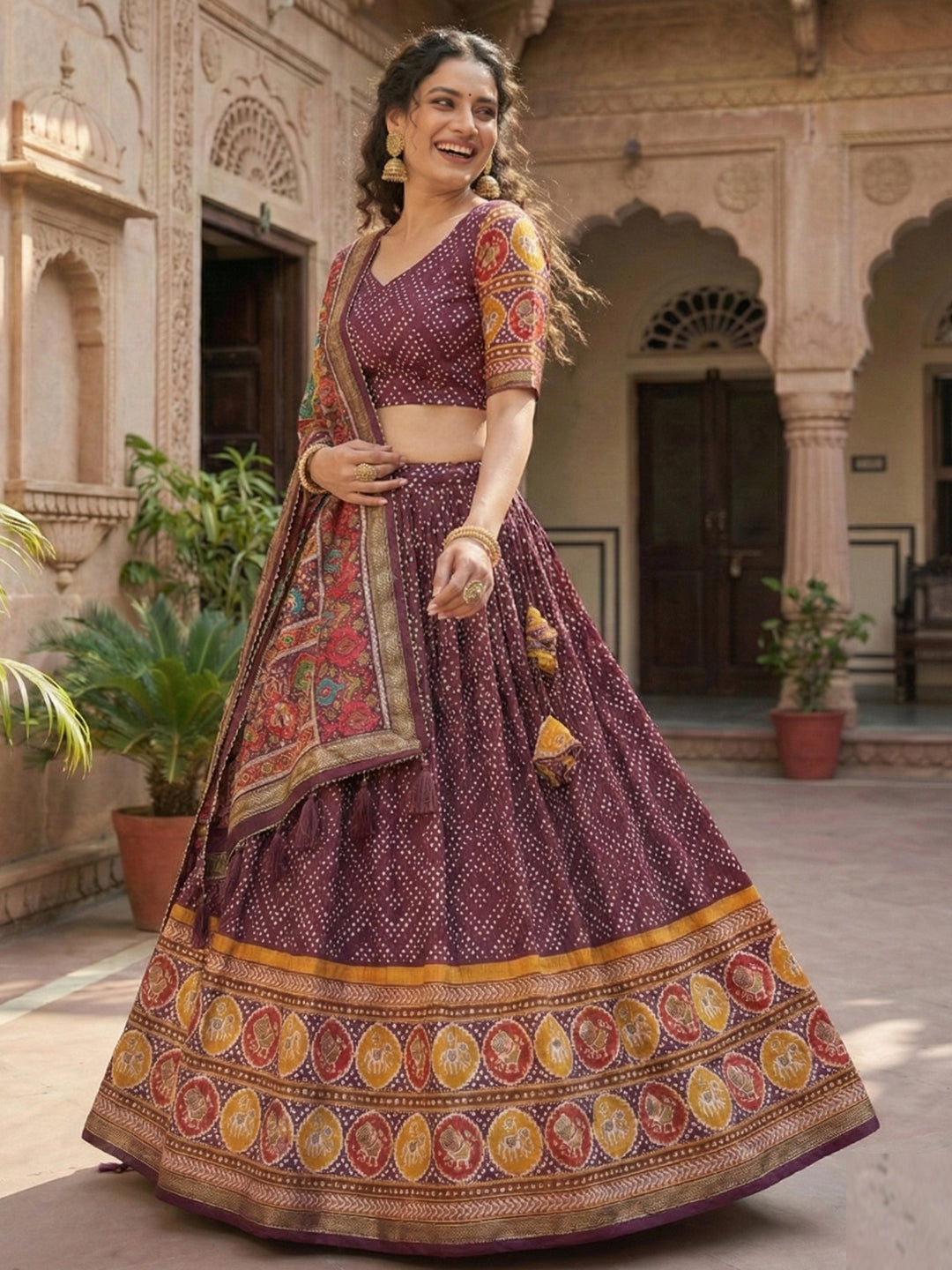Wine Floral Print Tussar Silk Lehenga Choli with Foil Work & Gotta Patti Dupatta