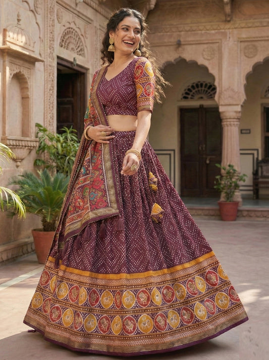 Wine Floral Print Tussar Silk Lehenga Choli with Foil Work & Gotta Patti Dupatta