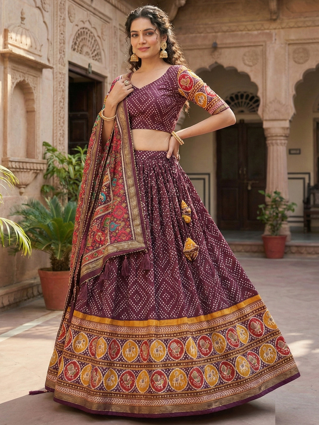 Wine Floral Print Tussar Silk Lehenga Choli with Foil Work & Gotta Patti Dupatta