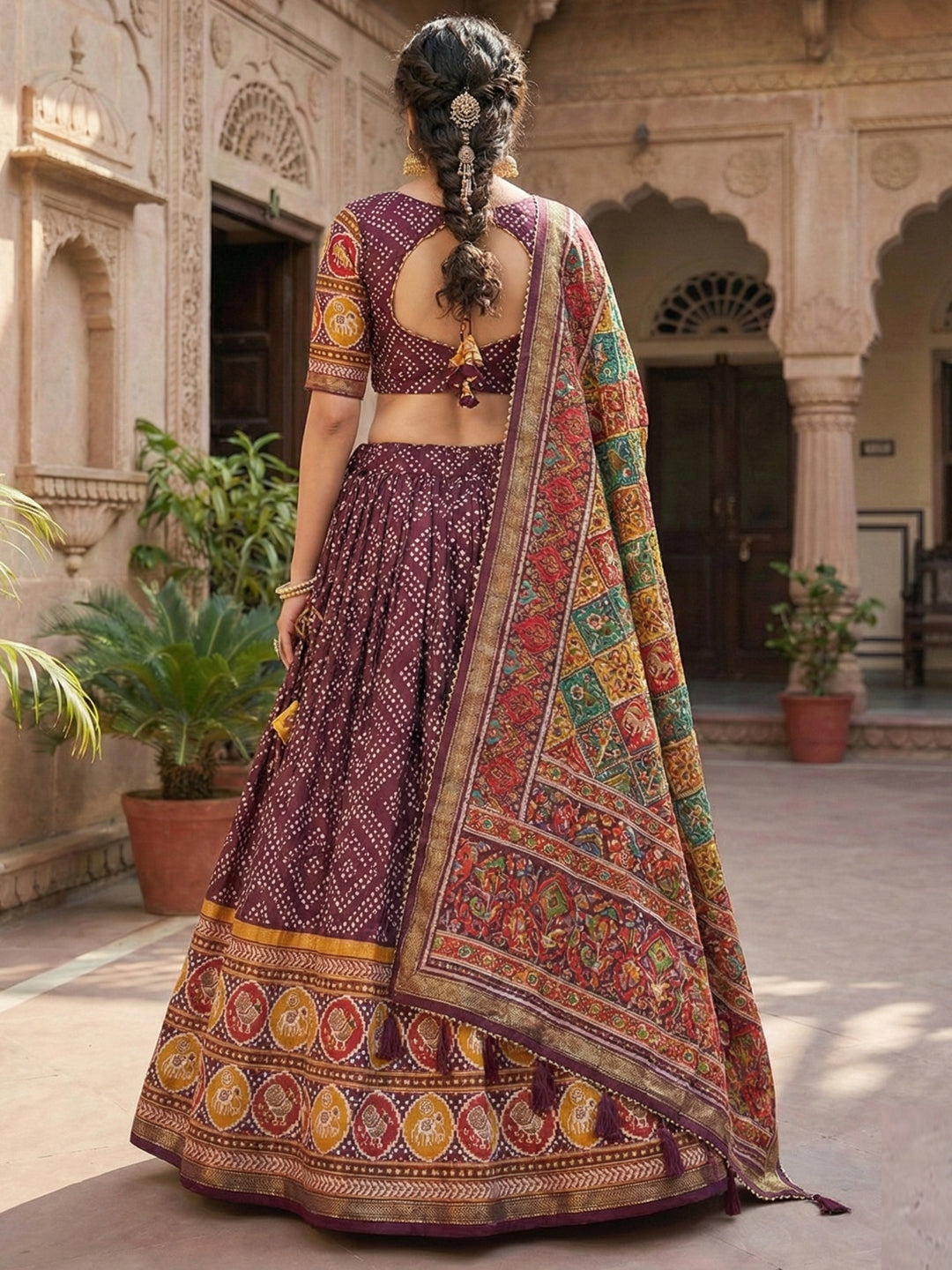 Wine Floral Print Tussar Silk Lehenga Choli with Foil Work & Gotta Patti Dupatta
