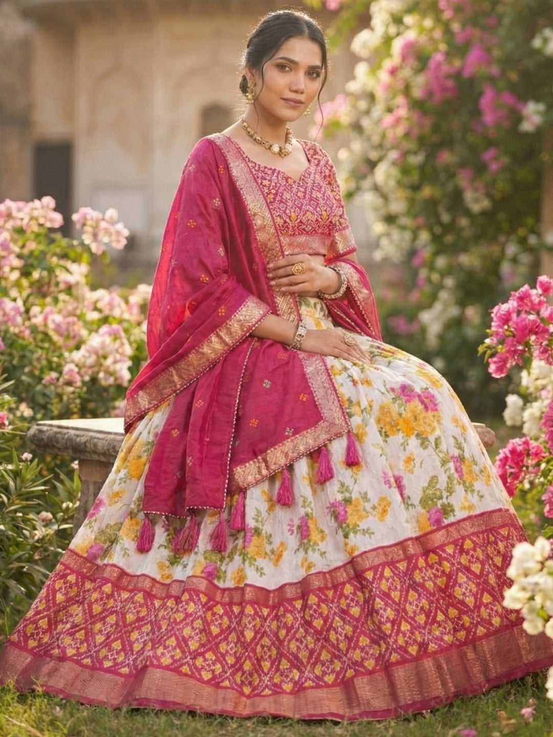 Pink Tusser Silk Floral Print Lehenga Choli Set