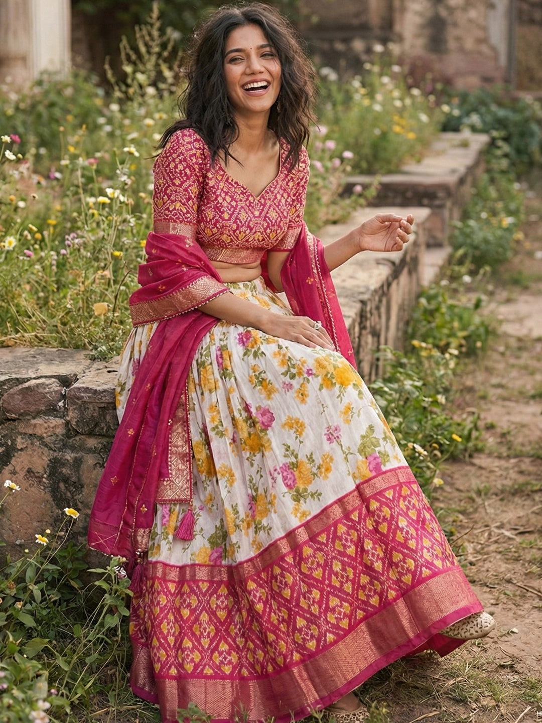 Pink Tusser Silk Floral Print Lehenga Choli Set