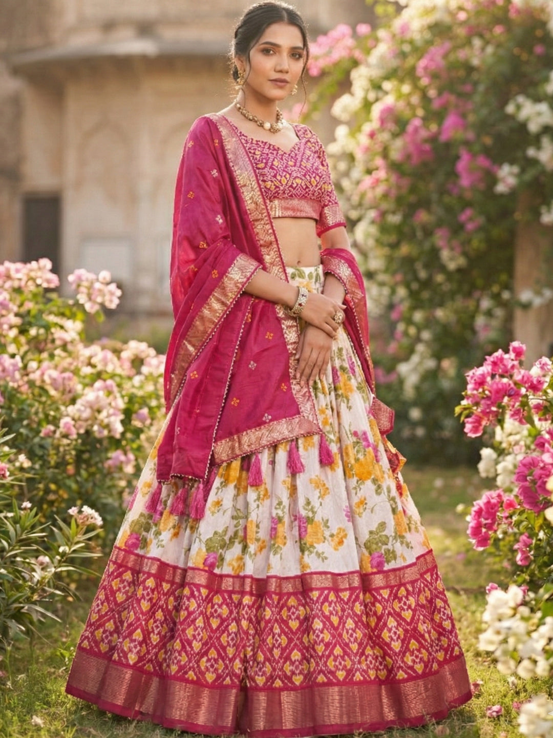 Pink Tusser Silk Floral Print Lehenga Choli Set