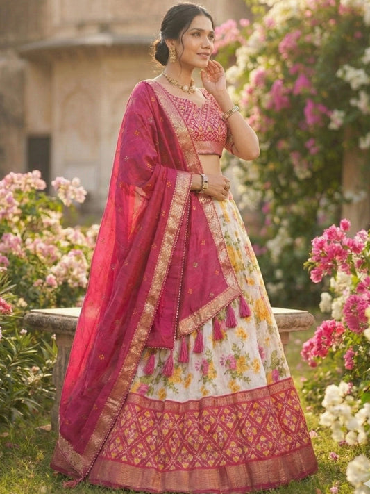 Pink Tusser Silk Floral Print Lehenga Choli Set