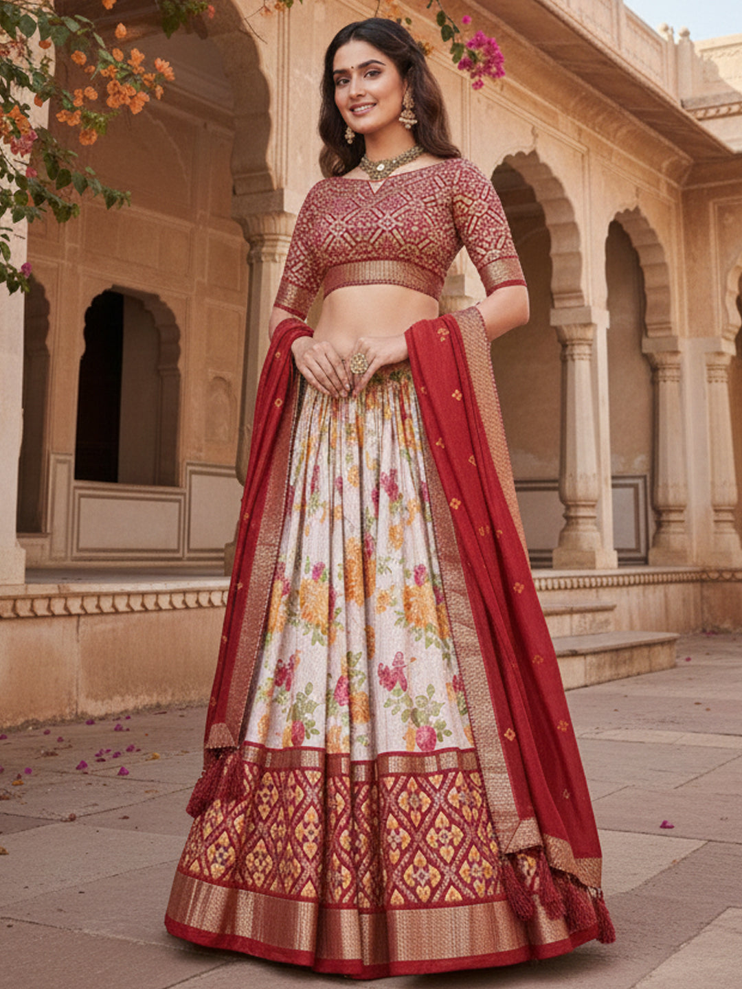 Red Tusser Silk Floral Print Lehenga Choli Set