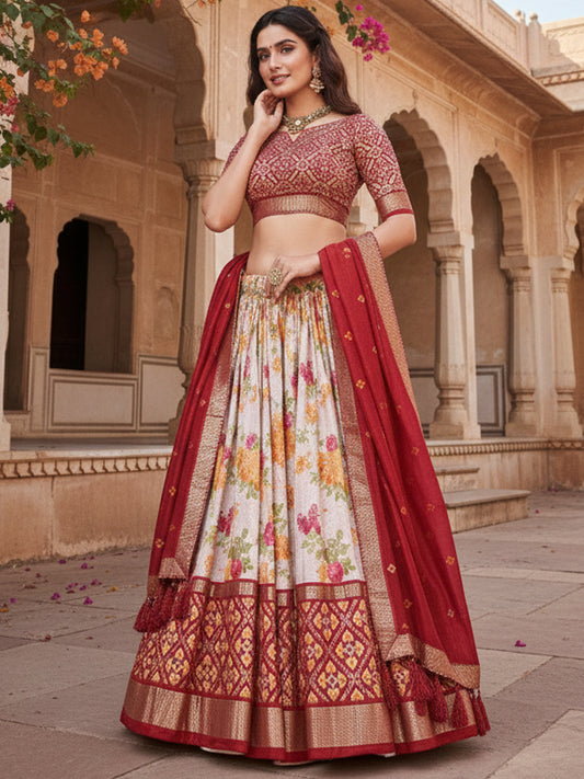 Red Tusser Silk Floral Print Lehenga Choli Set
