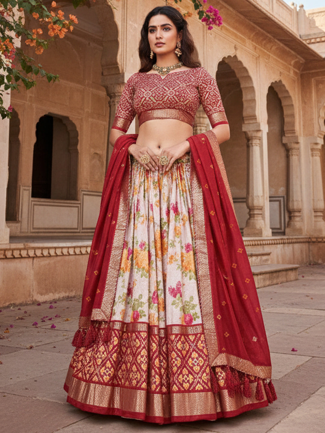 Red Tusser Silk Floral Print Lehenga Choli Set