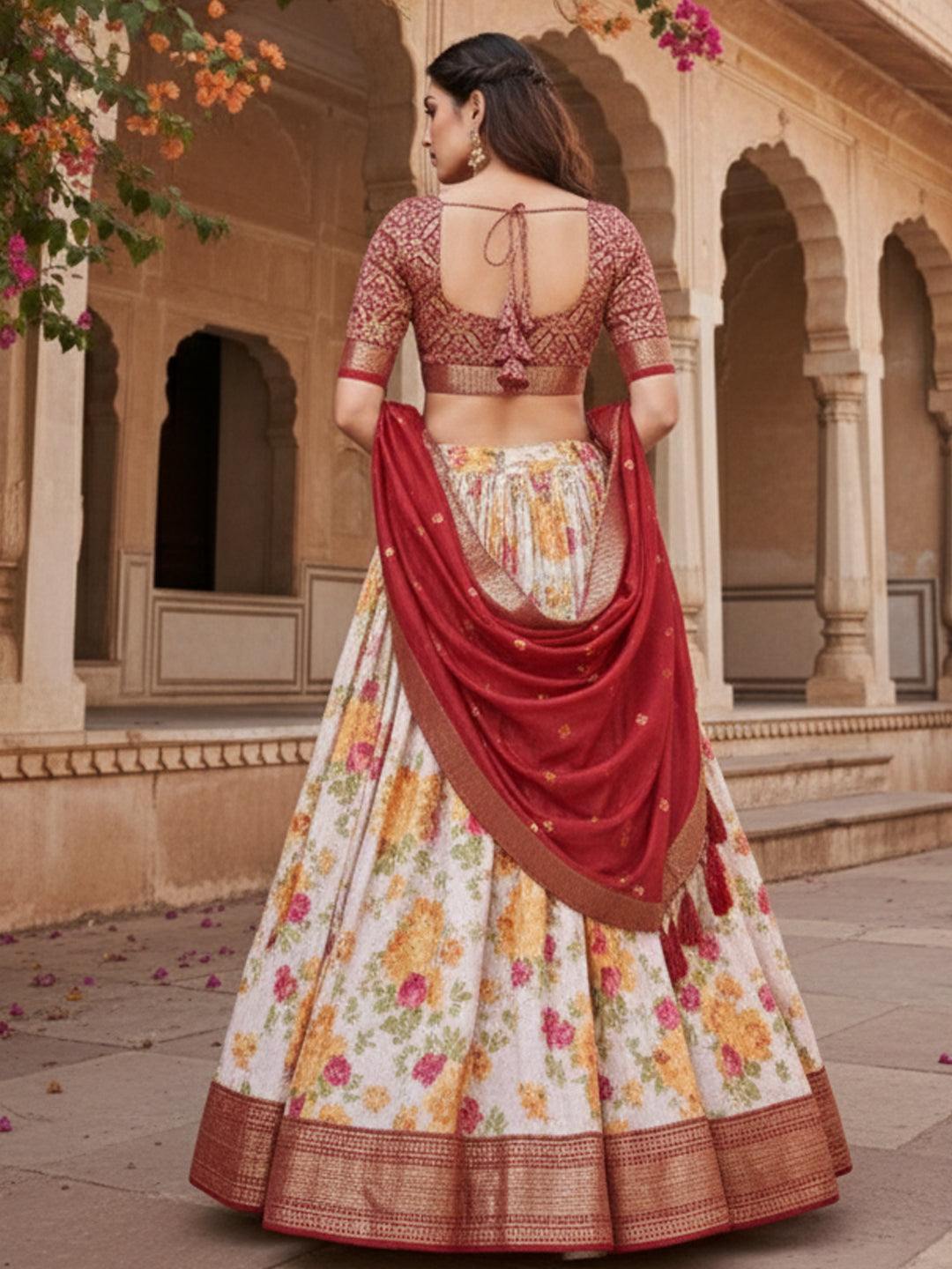 Red Tusser Silk Floral Print Lehenga Choli Set