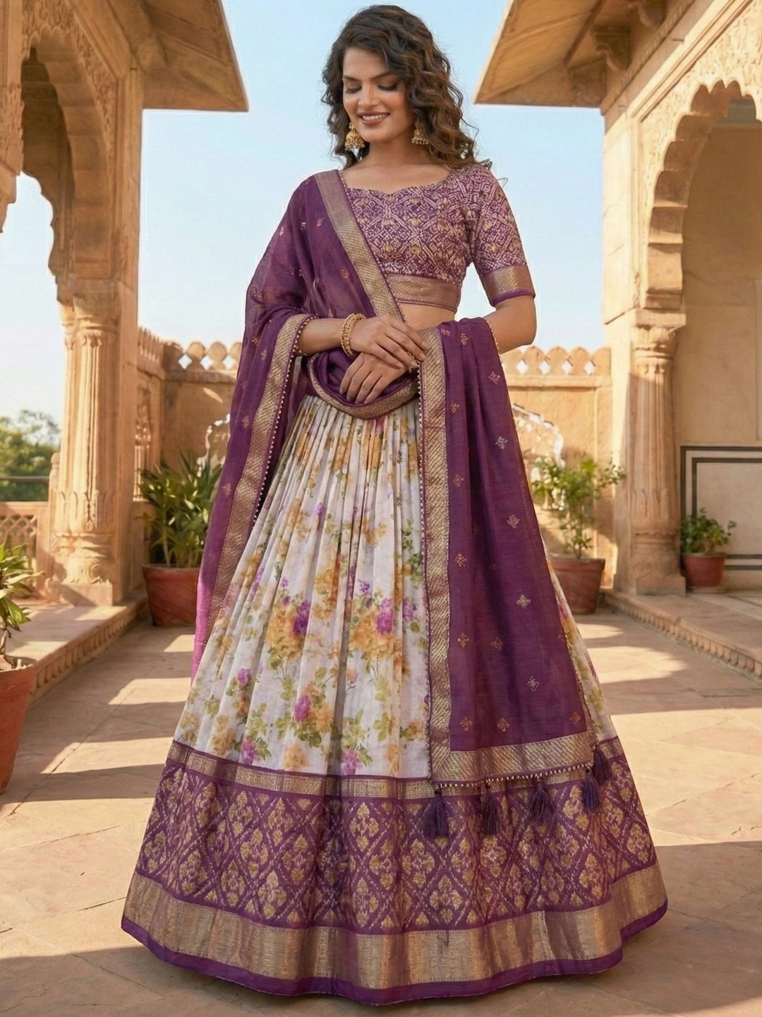Wine Tusser Silk Floral Print Lehenga Choli Set