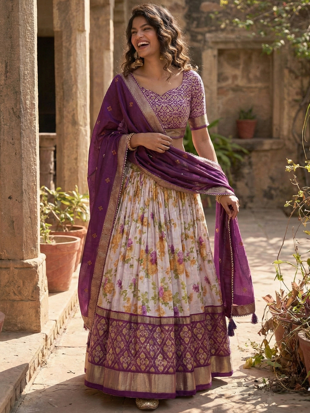 Wine Tusser Silk Floral Print Lehenga Choli Set