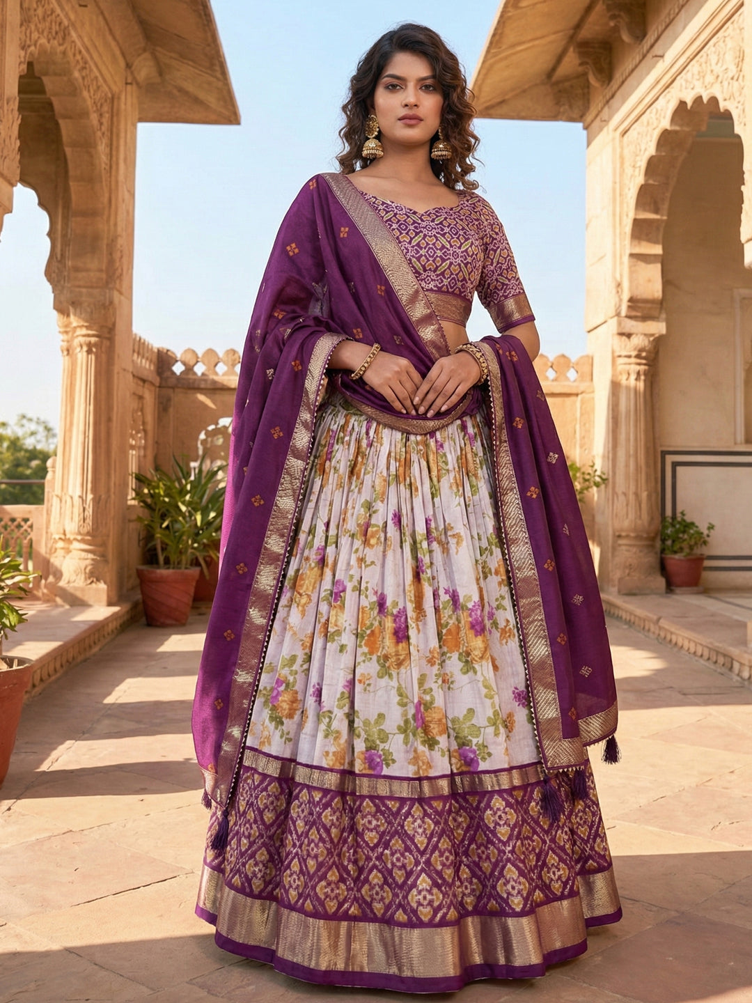 Wine Tusser Silk Floral Print Lehenga Choli Set