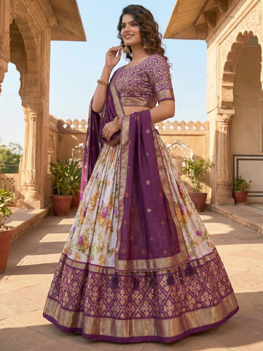Wine Tusser Silk Floral Print Lehenga Choli Set